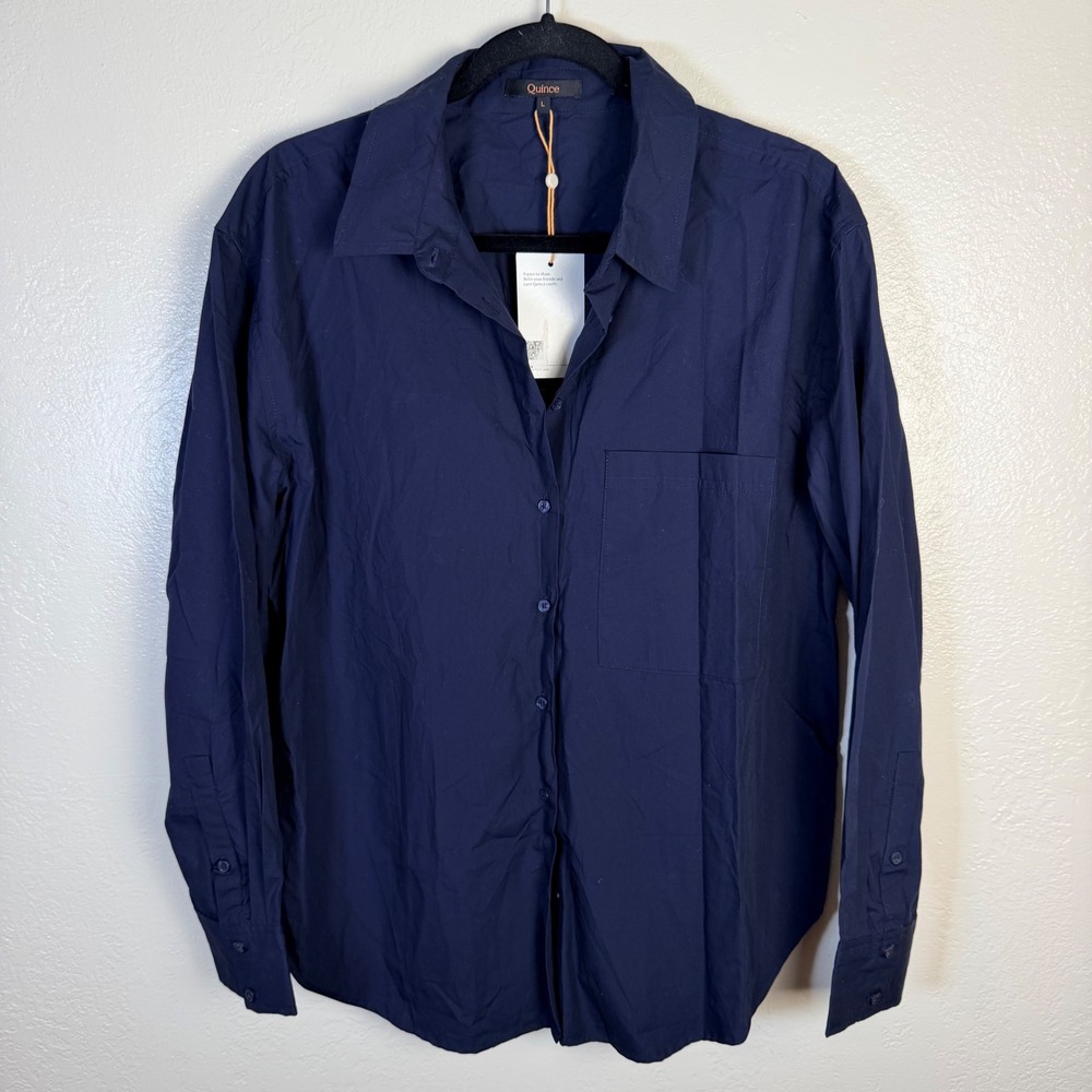 New Quince Women's L Organic Cotton Poplin Long Sleeve Boyfriend Shirt Navy